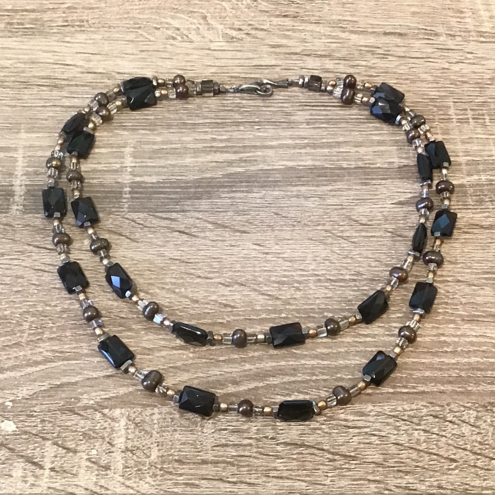 Sterling Silver Smoky Quartz & Pearl Beaded 2 Row Necklace 20" Long